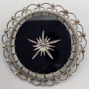 925 Sterling Silver Mexico Carved Hematite Brooch Pendant Filigree VTG Estate